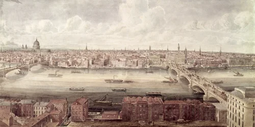 Vue panoramique de Londres vers le nord entre Southwark Bridge et London Bridge, c.1831